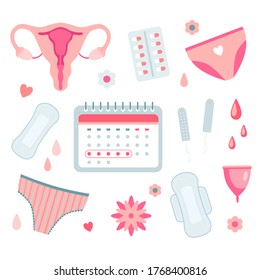 Female Menstrual Cycle Flat Icon Set. Girl Periods Calendar, Pads, Uterus And Tampons Vector Illustration Collection. Hygiene, PMS And Menstruation Concept