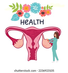 Female menstrual cycle. landing page Female doctor tracking menstrual cycle. Vector illustration of female reproductive system