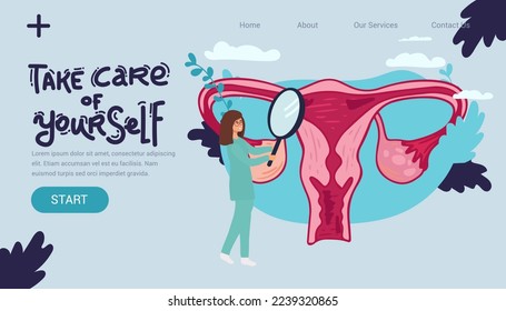 Female menstrual cycle. landing page Female doctor tracking menstrual cycle. Vector illustration of female reproductive system