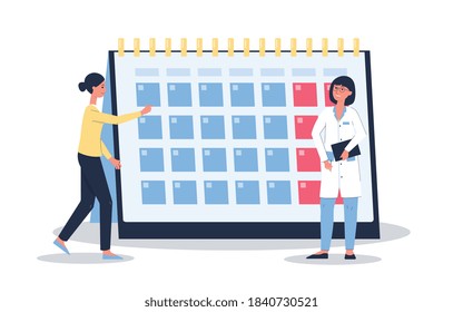 Female menstruation cycle calendar - cartoon woman and doctor standing near monthly spread and looking at period or climacteric schedule. Flat isolated vector illustration