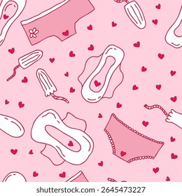 Período de menstruação feminina rabiscar padrão sem costura. Impressão de proteção de higiene íntima para papel, têxteis, etiqueta, venda. Plano de fundo vetorial desenhado à mão.