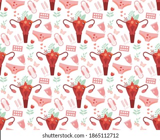Female menstruation period seamless pattern. pads, tampons, uterus with flowers repeating texture. Vector illustration. Menstrual protection, feminine hygiene