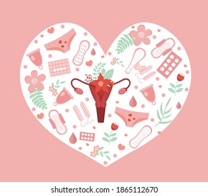 Female Menstruation Period Set. Collection Of Stickers Icons Of The Female Reproductive System, Pads, Tampons, Queen Of Flowers, Menstrual Calendar. Vector Illustration