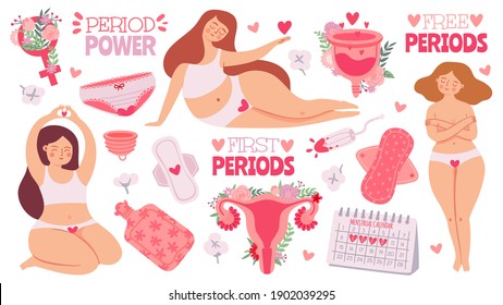 Female menstruation. Women with period and hygiene product tampon, sanitary pads and menstrual cup. Cartoon womb, vector set. Menstruation first period, menstrual accessory tampon illustration