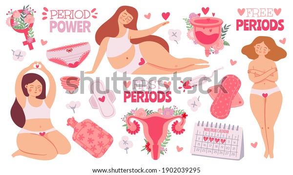 Female menstruation. Women with period and\
hygiene product tampon, sanitary pads and menstrual cup. Cartoon\
womb, vector set. Menstruation first period, menstrual accessory\
tampon illustration