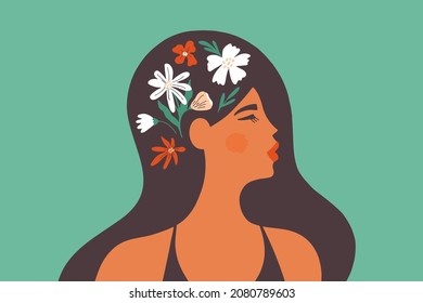 Female mental health, floral brain, positive mind. Beautiful woman with flowers in head. Psychology therapy. Self care, love, wellbeing. Long hair girl abstract vector illustration. Women day art card