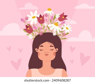 Female mental health. Young woman recovery brain or mind. Girl positive thinking, depression and sadness treatment. Keep calm snugly vector scene