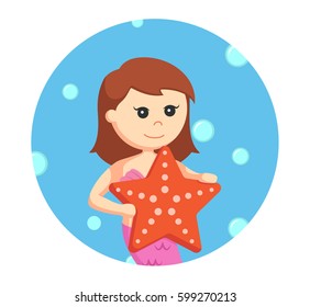 female mermaid with big starfish in circle background