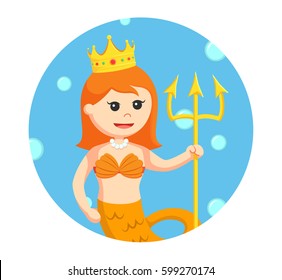 female mermaid with crown and trident in circle background