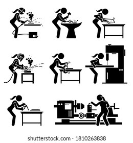Female metal worker making iron craft with industrial tools and equipment, stick figure icons. Vector illustrations of a skillful woman working in a steel workshop or foundry mill.  svg