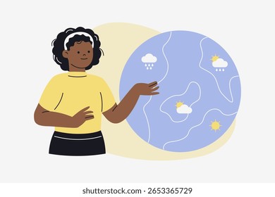 Meteorologista feminina apresenta a previsão do tempo no vetor do mapa global