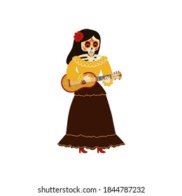 Female Mexican musician skeleton with painted skull playing a small guitar vihuela. Mariachi band member. Calavera Catrina character. Dia de Muertos Day of the Dead and Halloween vector illustration. 