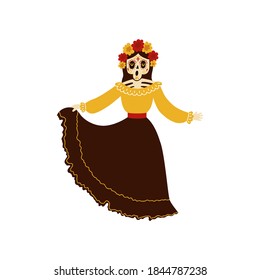 Female Mexican Musician Skeleton With Painted Skull Dancing And Singing. Mariachi Band Member. Calavera Catrina Character. Dia De Muertos Day Of The Dead And Halloween Cute Illustration. Vector Eps10