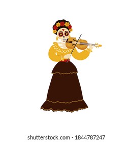 Escaparate musical mexicana tocando un violín. Violinista de la banda Mariachi. Carácter de Calavera Catrina. El Día de los Muertos del Día de los Muertos y Halloween linda ilustración aislada. Vector eps10