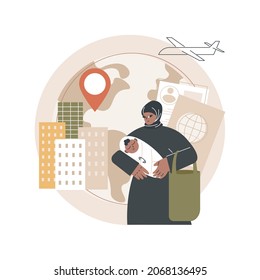 Female migrant abstract concept vector illustration. Female migrant worker, international marriage, philippine indian muslim woman, passport and documents, house cleaner, refugee abstract metaphor.