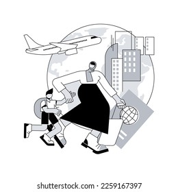 Ilustración vectorial de concepto abstracto femenino migrante. Trabajadora migrante, matrimonio internacional, musulmana india filipina, pasaporte y documentos, limpiadora de casas, metáfora abstracta de refugiado.
