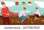 Female migrant workers from different countries gathering crops on field flat vector illustration