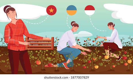 Female migrant workers from different countries gathering crops on field flat vector illustration