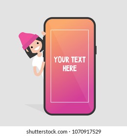 Female millennial character peeping out from behind the mobile phone. Your text here. Template. Smart phone screen. Flat editable vector illustration, clip art