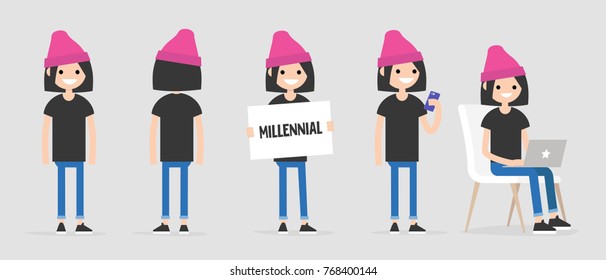 Female millennial character in various poses: front and back view, holding a sign, checking the phone, working on a laptop. Lifestyle. Flat editable vector illustration, clip art