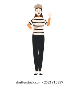 Female mime artist wearing beret and striped shirt standing and pointing up with index finger