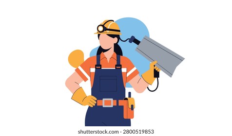 Female mine worker in protective yellow helmet with headlamp holding a heavy drilling machine tool, flat vector.