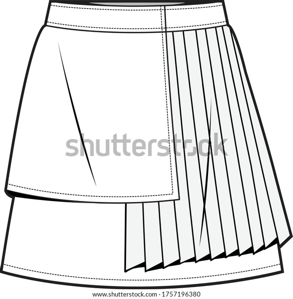 Female mini pleated\
skirt vector template isolated. Outline fashion technical sketch of\
clothes model.