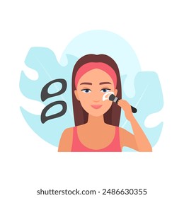 Weibliches Modell, das Blush mit Schablone und Kosmetikpinsel auf der Vektorillustration des Gesichts aufträgt