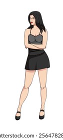 Female Model Character in Black Dress Illustration, Cartoon Lady Character