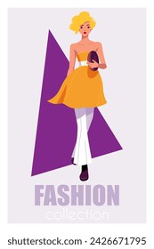 Female model dressed in haute couture clothing on fashion show. Flat vector poster