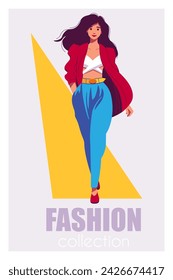 Female model dressed in haute couture clothing on fashion show. Flat vector poster