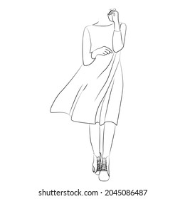 Female model in a flowing short dress. Isolated vector image of a woman in black lines.