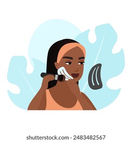 Female model holding stencil to do contouring and makeup, using brush vector illustration