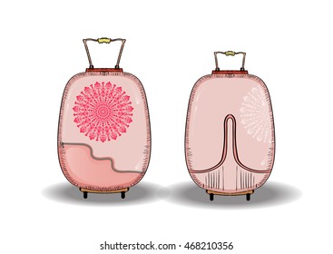 Female model pink suitcase, vector  illustration, front and back view