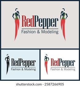 Female model pose with a combination of red chili peppers logo set templates design