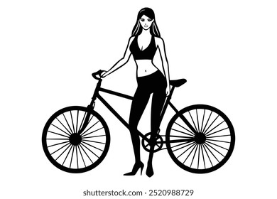 Female Model Posing with Bicycle Silhouette, Elegant Bicycle Silhouette, Woman and Bike Silhouette Art