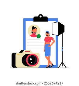 Female Model Posing With Profile Portfolio And Camera In Flat Vector Illustration Symbolizing Casting, Talent Audition, And Photography Studio, Isolated On White Background