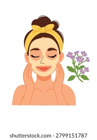 female model spreading cosmetic face mask on skin studio shot white background minimal composition