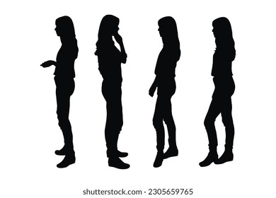 Female model standing in different position silhouette set vector. Woman actor silhouette bundle on a white background. Girl fashion models with anonymous faces, and full-body silhouettes.