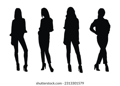 Female model standing silhouette collection. Women fashion models with anonymous faces. Female actor silhouette set vector on a white background. Girl model wearing fashion dresses silhouette bundle.