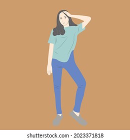 female model standing and stroking her hair. vector eps 10