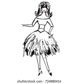 Female model in tight blouse and fluffy skirt. Party style. Elegant fashionable sketch for banners, design, shop, advertising, scrapbook, coloring book, prints, posters, party, invitations, cards