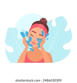 Female model washing face to remove makeup and dirt from pores vector illustration