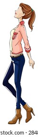 Female model wearing shirt and jeans