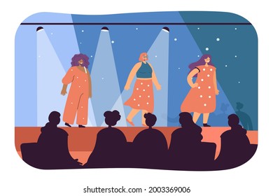 Female Models Participating In Fashion Show. Flat Vector Illustration. Women Walking Stage, Runway, Catwalk In Fashionable Clothes, Crowd And Impressed Audience Cheering. Fashion, Event, Show Concept