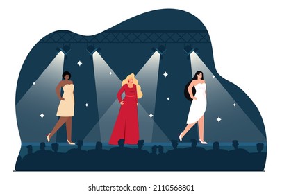 Female models showing dresses on catwalk with spotlights. Presentation of glamorous clothes in front of audience by elegant girls flat vector illustration. Fashion industry, beauty show event concept