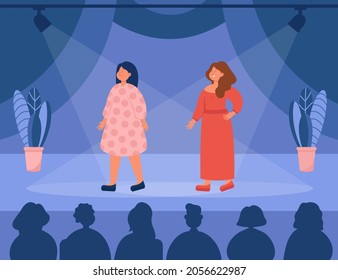 Female models walking on catwalk or stage on fashion show. Audience crowd watching indoor event flat vector illustration. Fashion, entertainment, indoor activity concept
