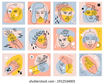 Female modern abstract posters. One line woman portrait, faces and hands holding flowers and leaves. Trendy beauty fashion art vector set. Natural artworks in pastel colors collection