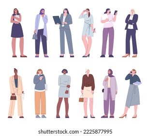 Female modern business characters wear suits and casual dress. Flat cartoon businesswomen, managers and administrative staff. Office kicky vector team