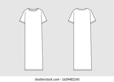 Female modern dress vector template isolated on a grey background. Front and back view. Outline fashion technical sketch of clothes model.